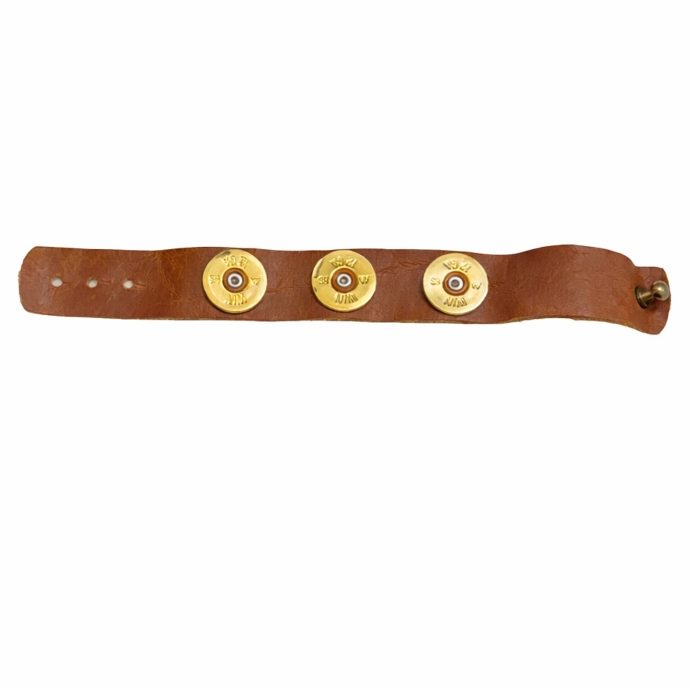 Leather Bracelet w/ 12 GA Shotgun Shell Accents Adjustable Brown Gold